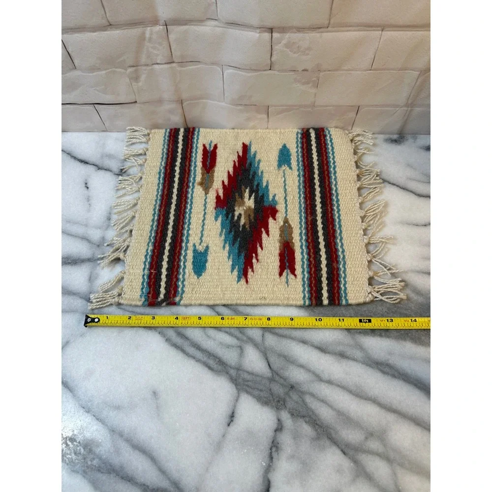 Southwestern Handwoven Wool Textile Small Rug Arrow Diamond Fringed Cream 10x13
